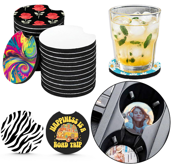 Coaster Sublimation Blank - 10/20個入り昇華印刷用ブランクカーコースター、10/20個入りネオプレン吸水性DIY熱転写カップマット（車用カップホルダー用）